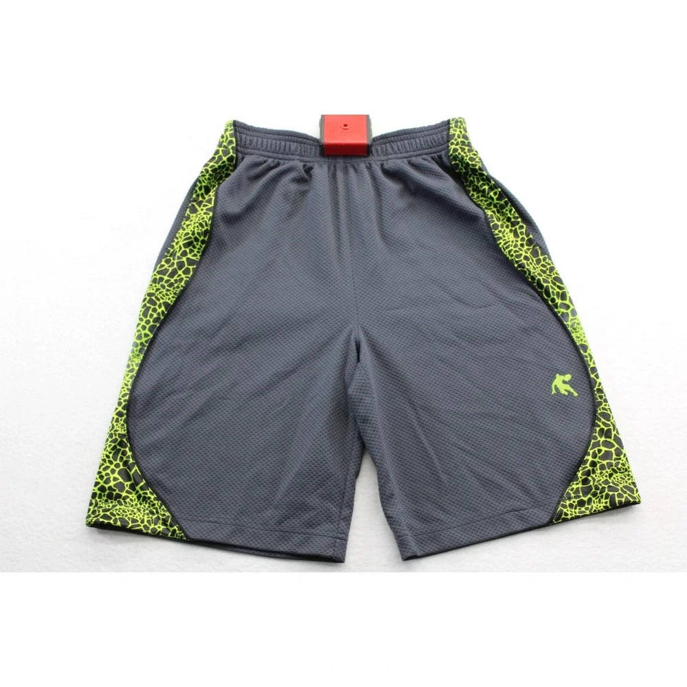 AND1 Boys Athletic Basketball Shorts Size L (10/12) Gray Neon Green Trim